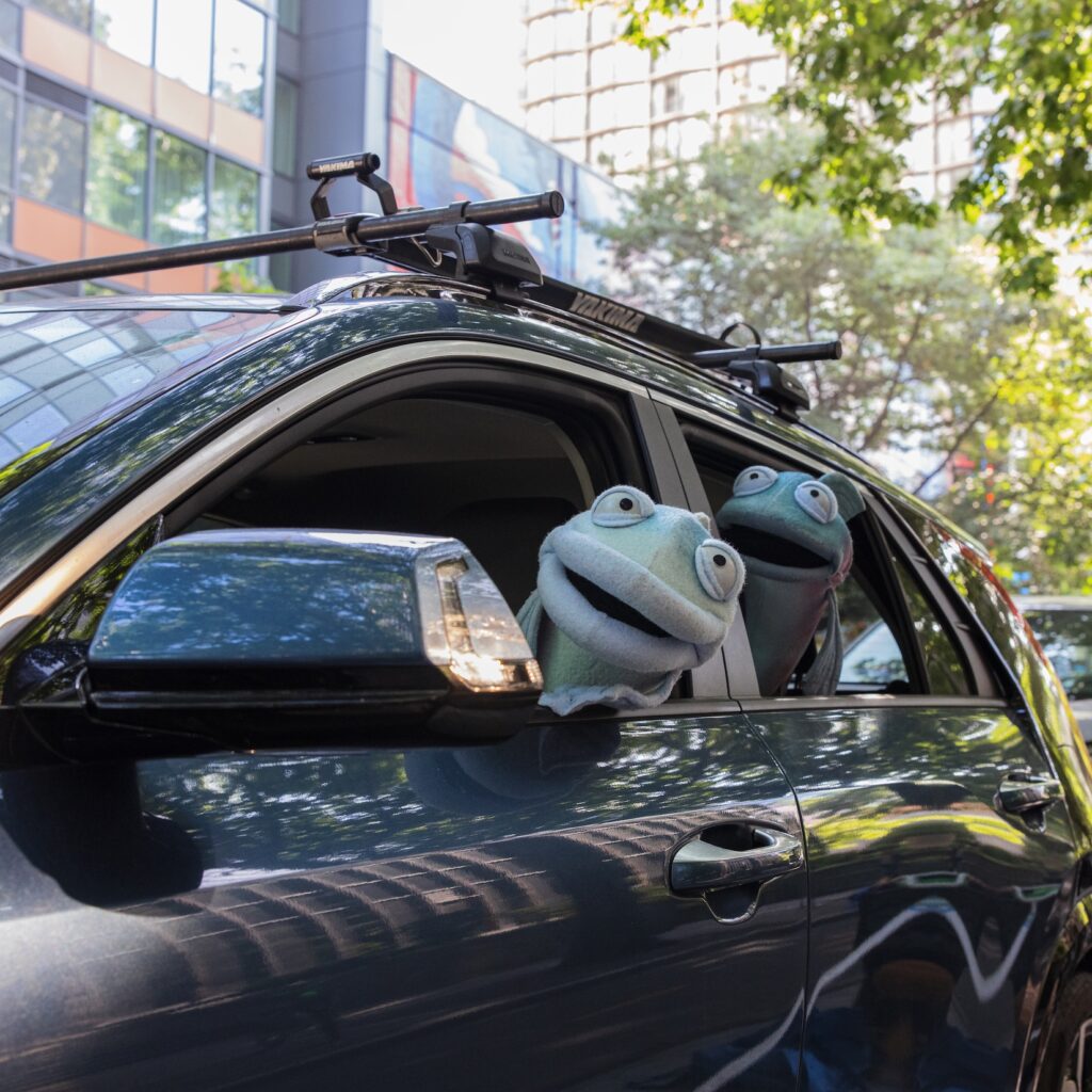 Sal the Salmon drives while another salmon friend rides as a passenger, carpooling together.