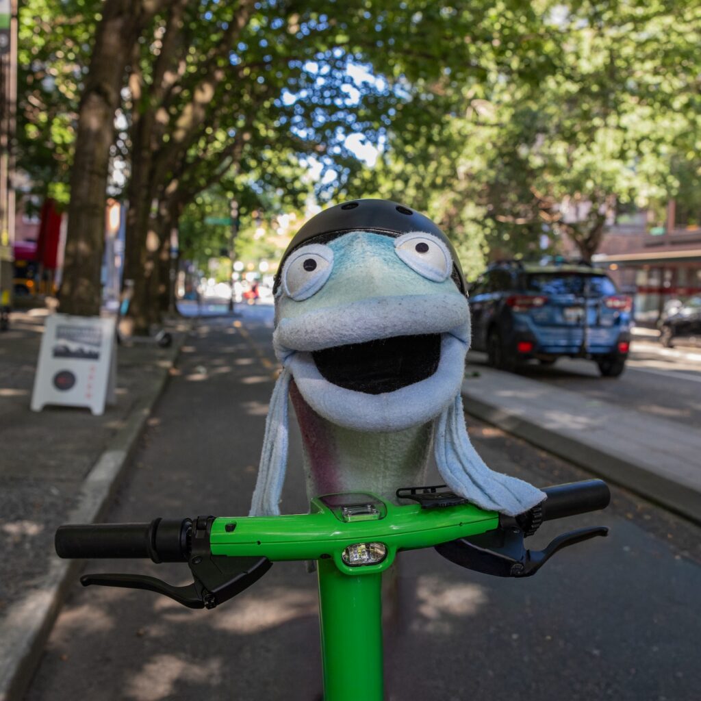 Sal the Salmon rides a scooter in a protected bike lane on 4th Avenue in Seattle.